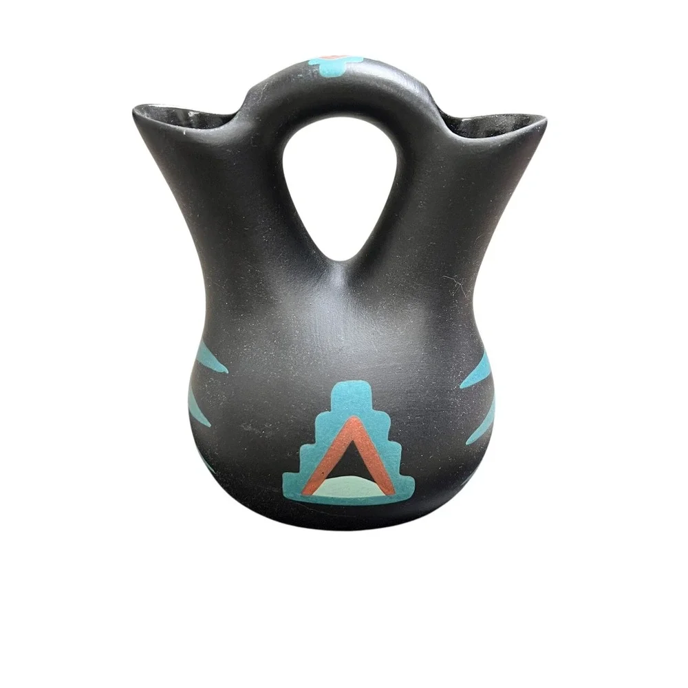 Black‎ Mesa Pottery Wedding Vase Matte Black Southwestern Geometric Signed 5.5